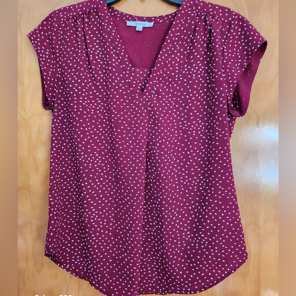 Dot Cap-Sleeve V-Neck Blouse